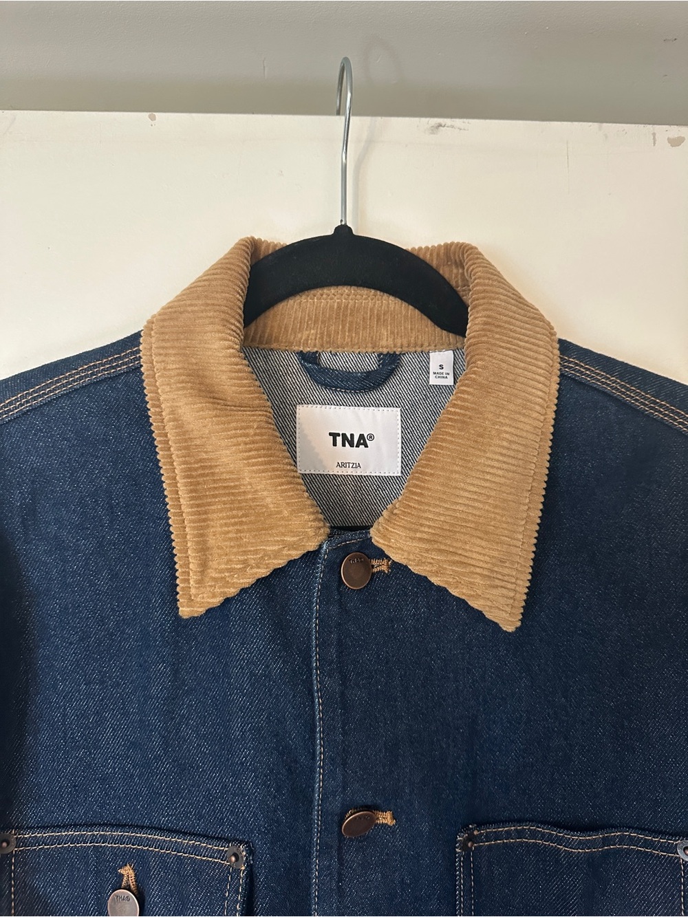 TNA Dark Blue Denim Jacket with Tan Corduroy Collar - Picture 3 of 5